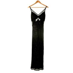 Vintage 90s Y2K Scala Black Silk Beaded Long Formal Gown Dress Womens L Petite